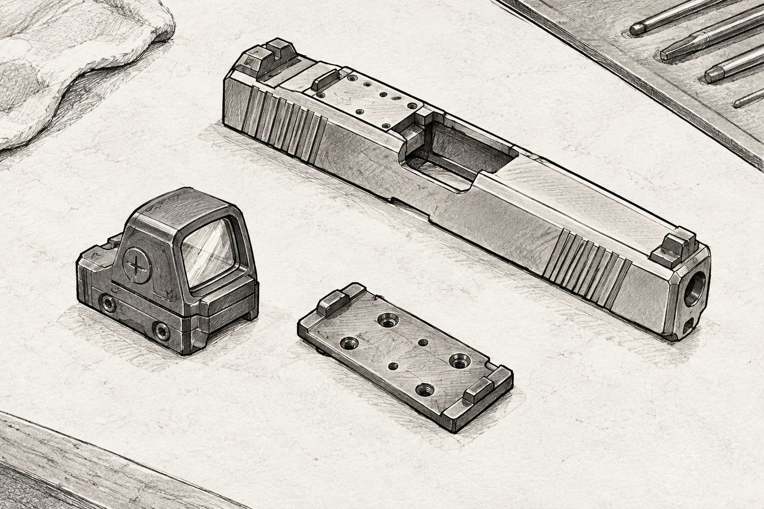 A compact enclosed optic, detached pistol slide and mounting plate shown separately