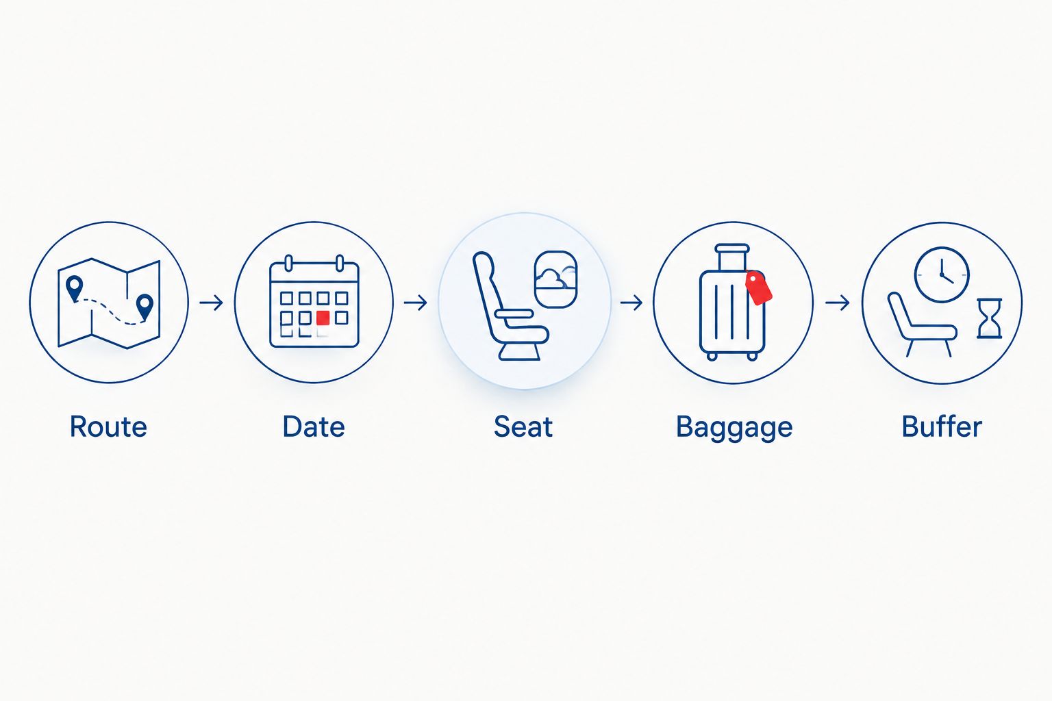 Booking sequence covering route, date, seat, baggage and connection buffer