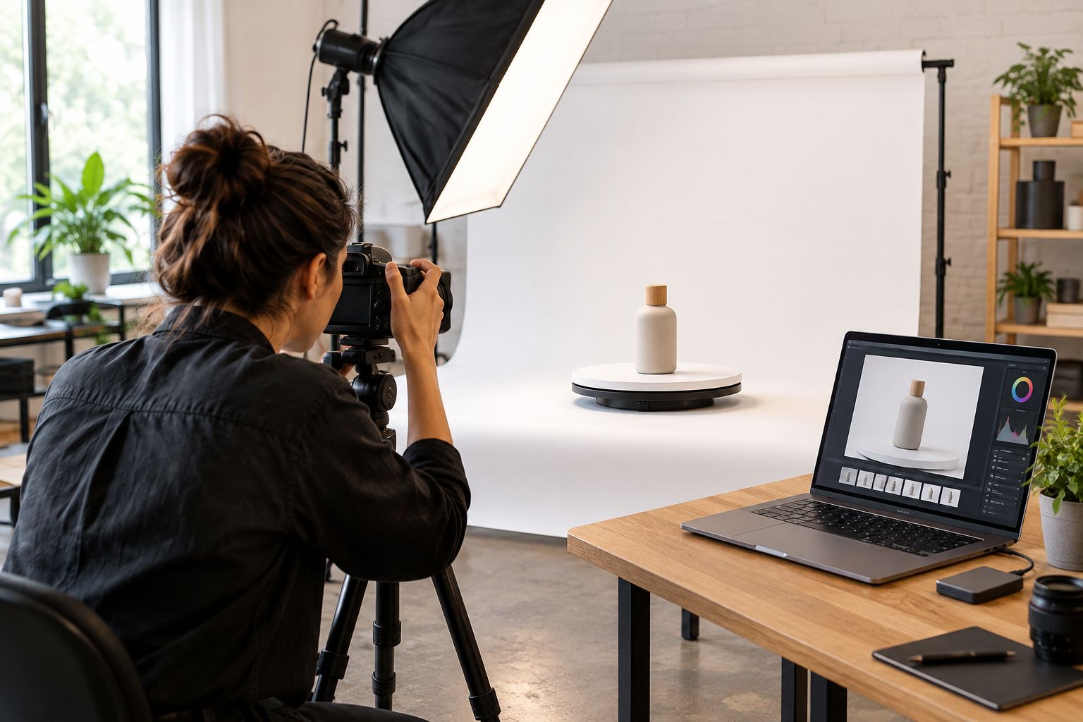 Estúdio de fotografia de produto com mesa infinita e softbox