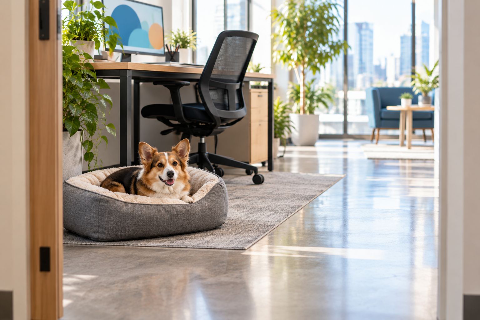 Dog resting beside an office desk with a clear walkway and space for the rolling chair