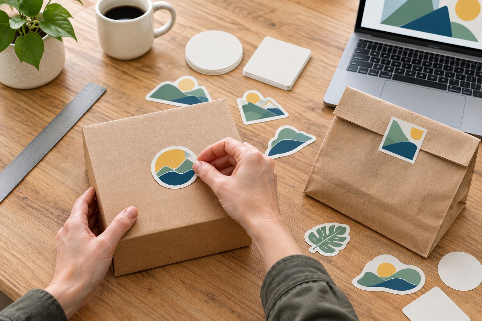 Paper sticker mockups positioned on a kraft box and bag to check fit around folds and edges.