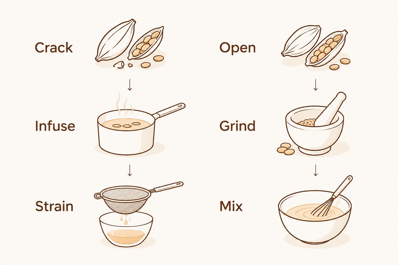 Two cardamom preparation sequences: crack, infuse, and strain for chai; open, grind, and mix for baking.