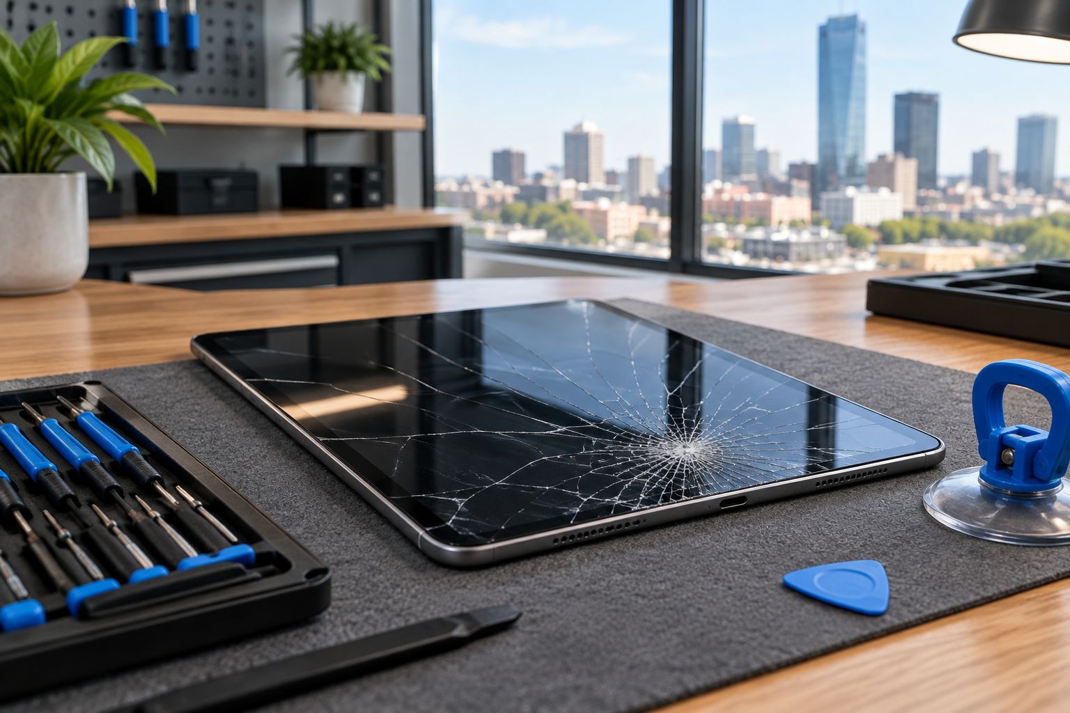 Cracked tablet screen on a repair workbench next to small tools