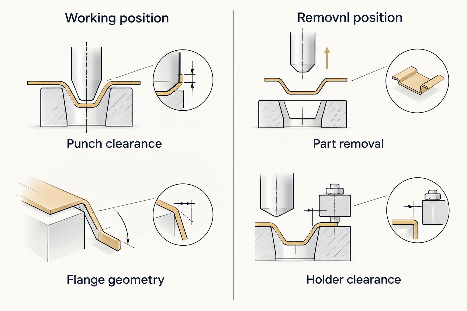 Working and removal positions showing flange, punch and holder clearance checks