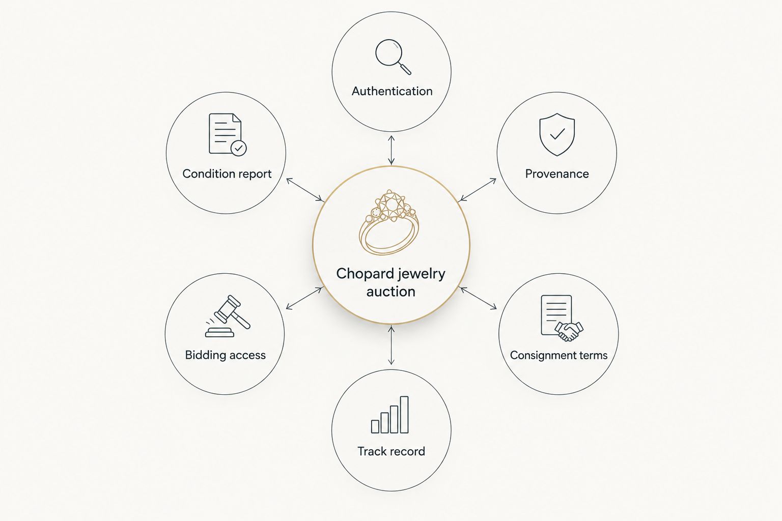 Diagram of six ranking criteria orbiting a central Chopard jewelry auction hub