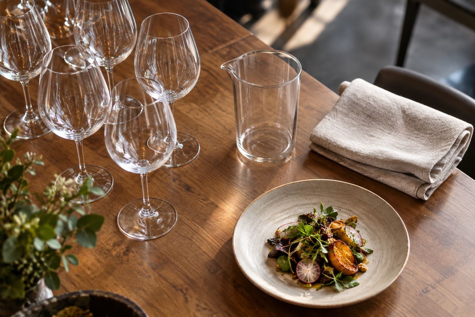 Bottle-free restaurant service station with glasses, a measuring vessel, linen, and food