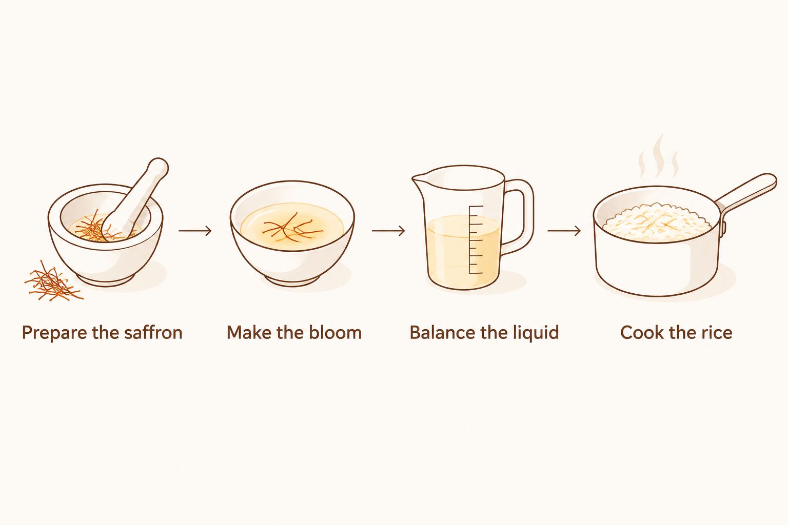 Saffron rice workflow from preparing threads to measuring liquid and cooking