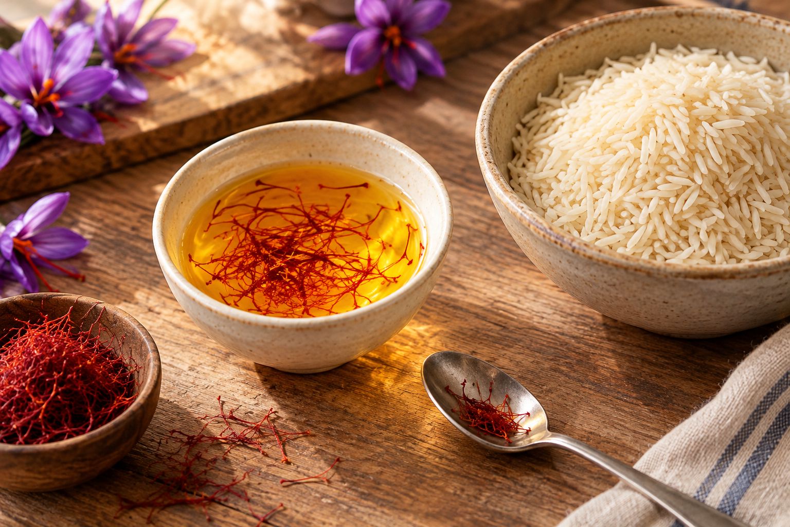 Saffron threads steeping in golden water beside uncooked rice
