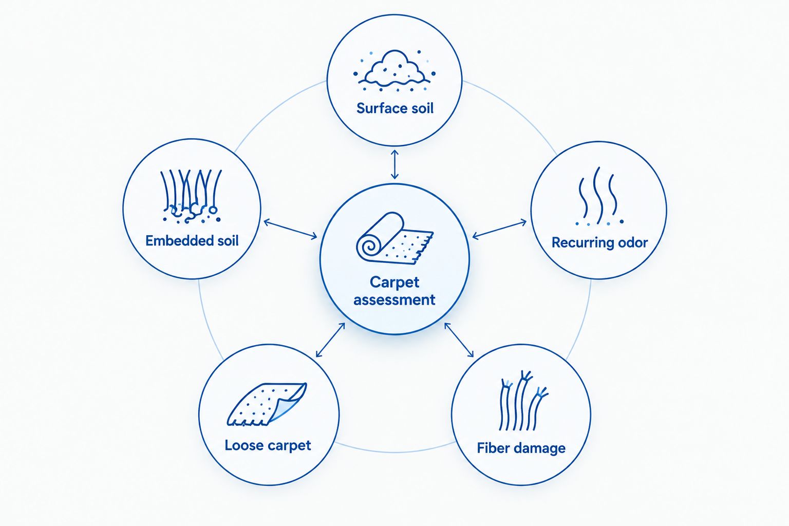 Carpet assessment diagram separating soil, recurring odor, loose carpet, and fiber damage