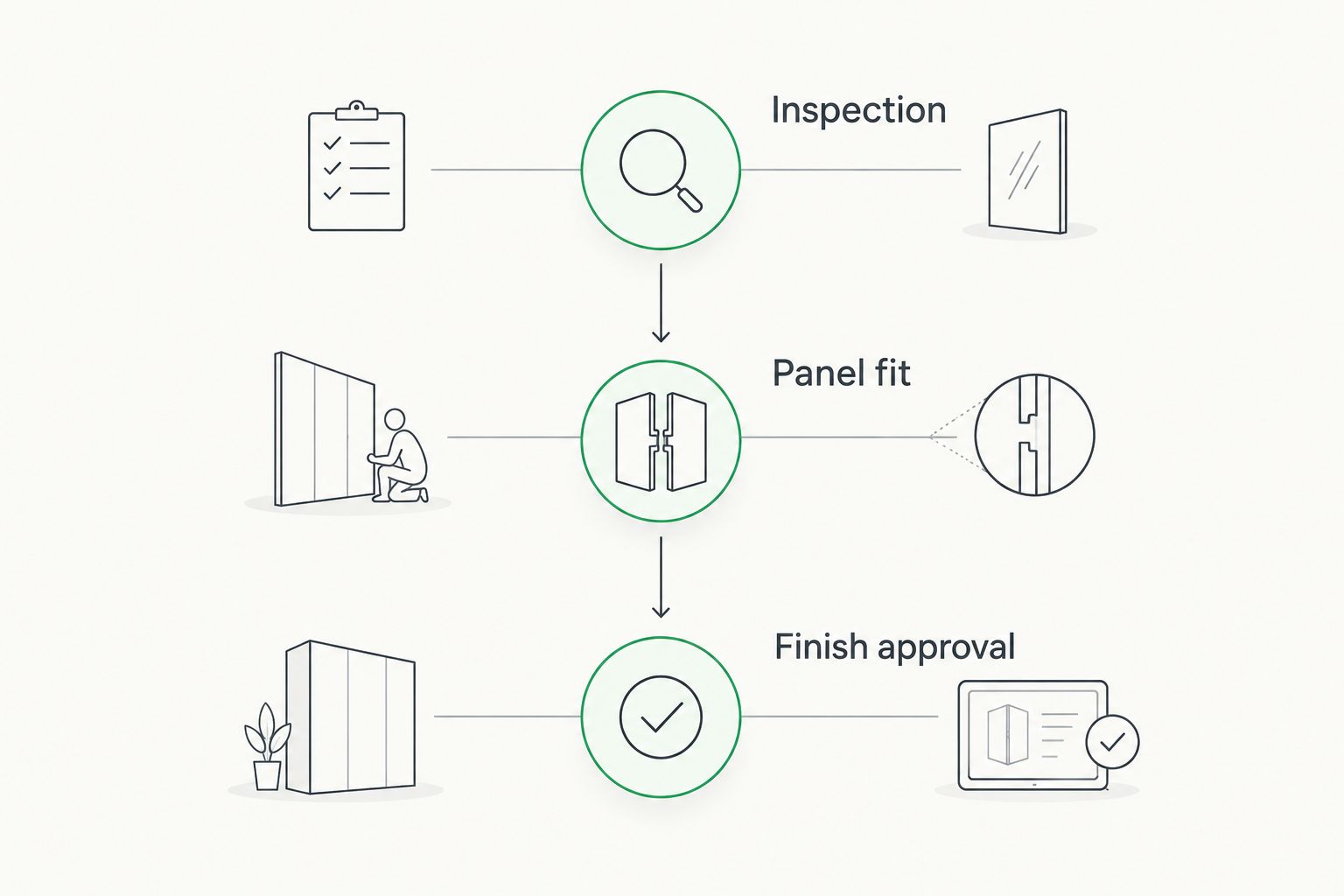 Three approval checkpoints: inspection, panel fit, and finish approval