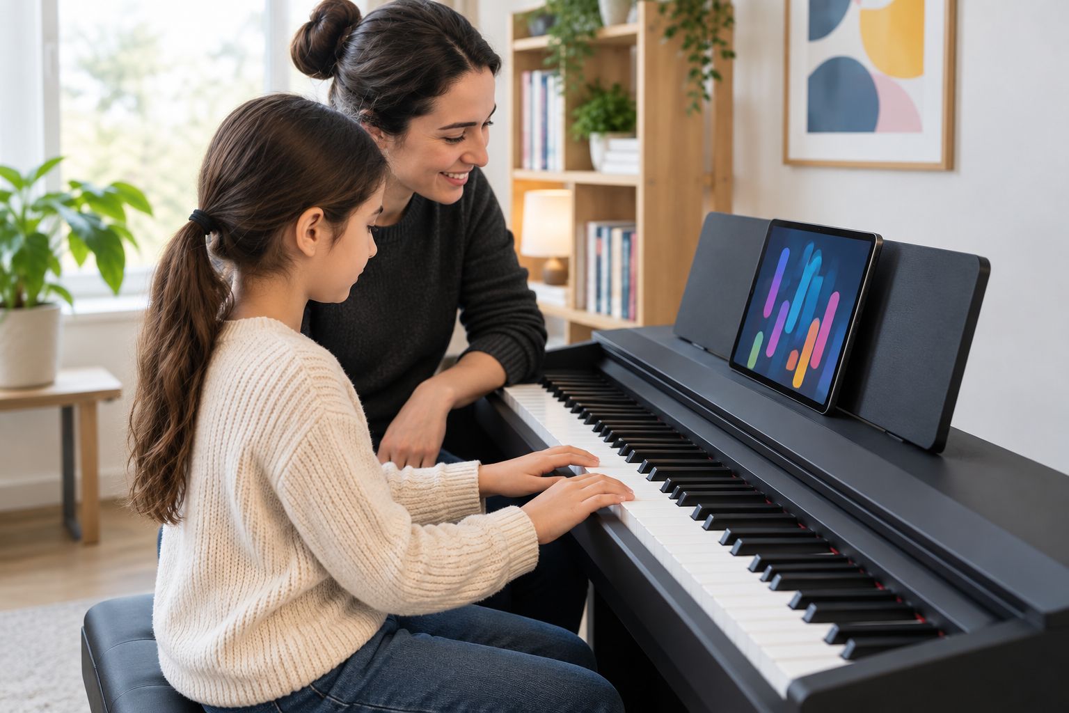 A piano teacher observing a beginner’s hands and seated position at a digital piano