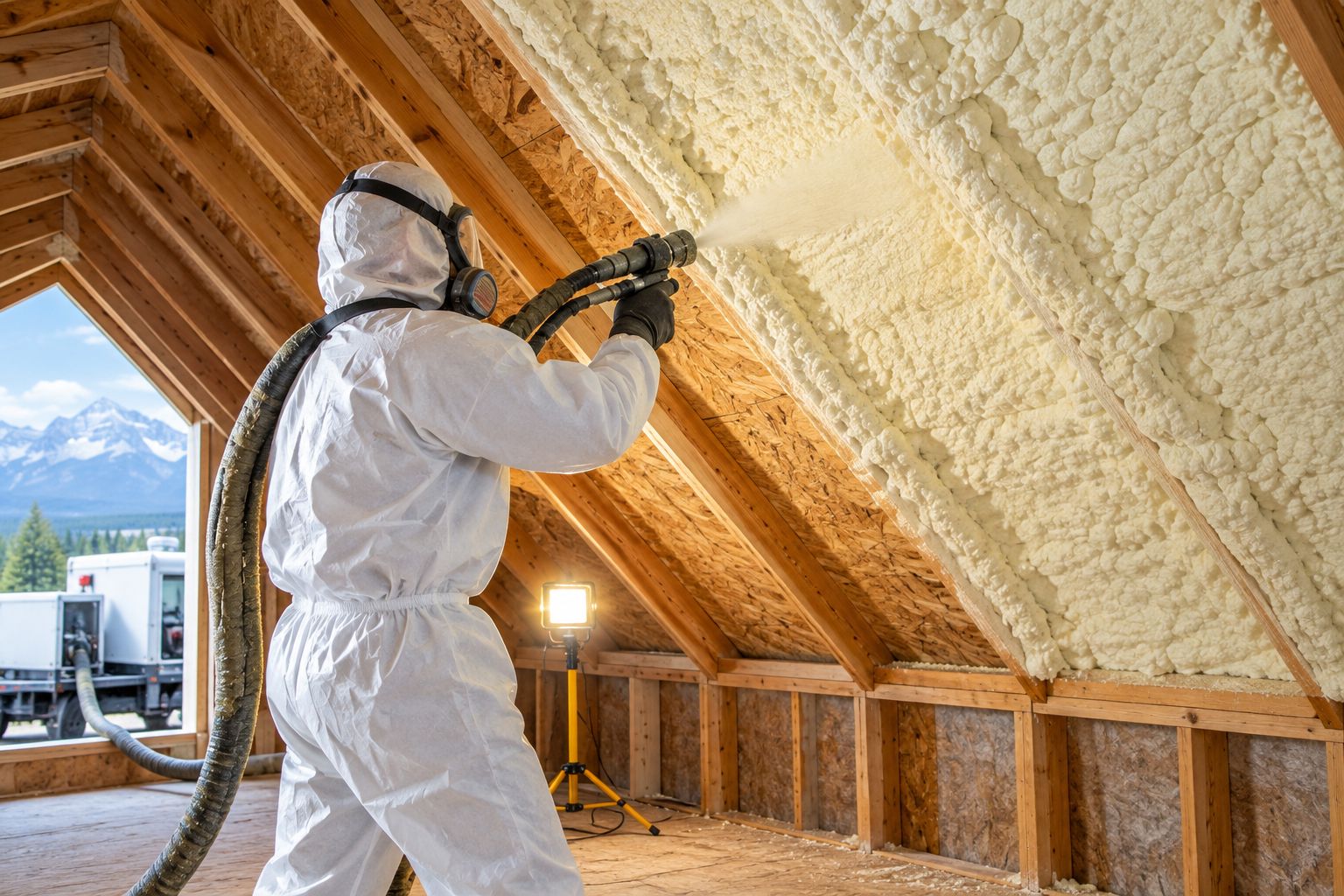 Technician applying spray foam insulation inside an attic roof deck