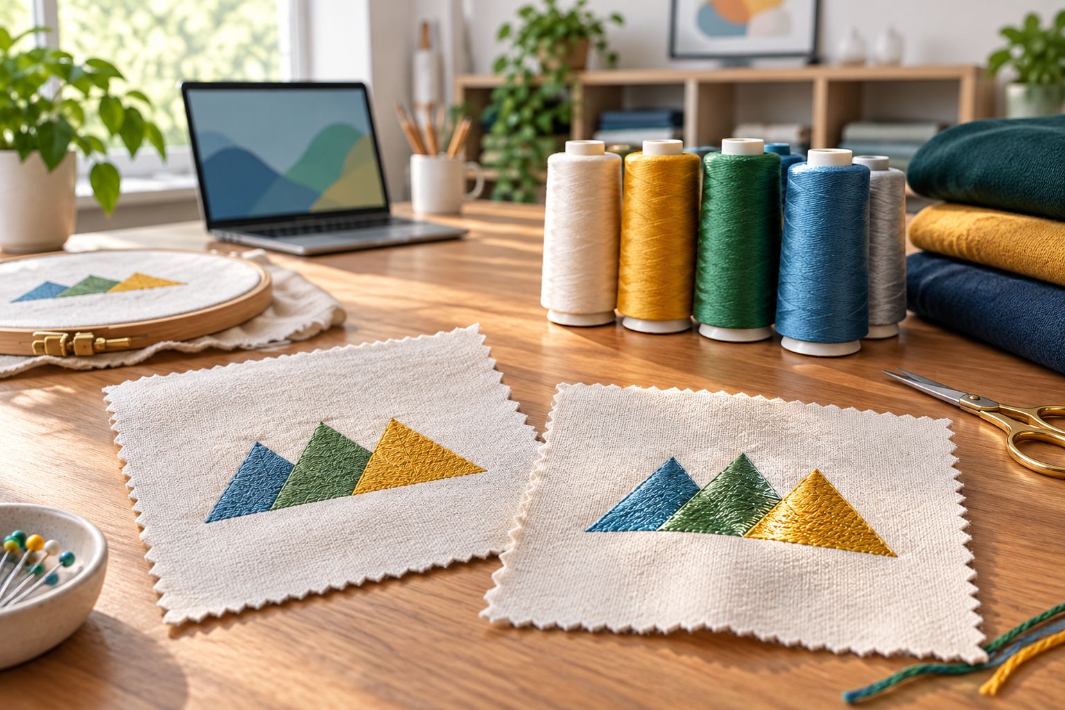 Matte and lustrous embroidery on fabric swatches under side lighting