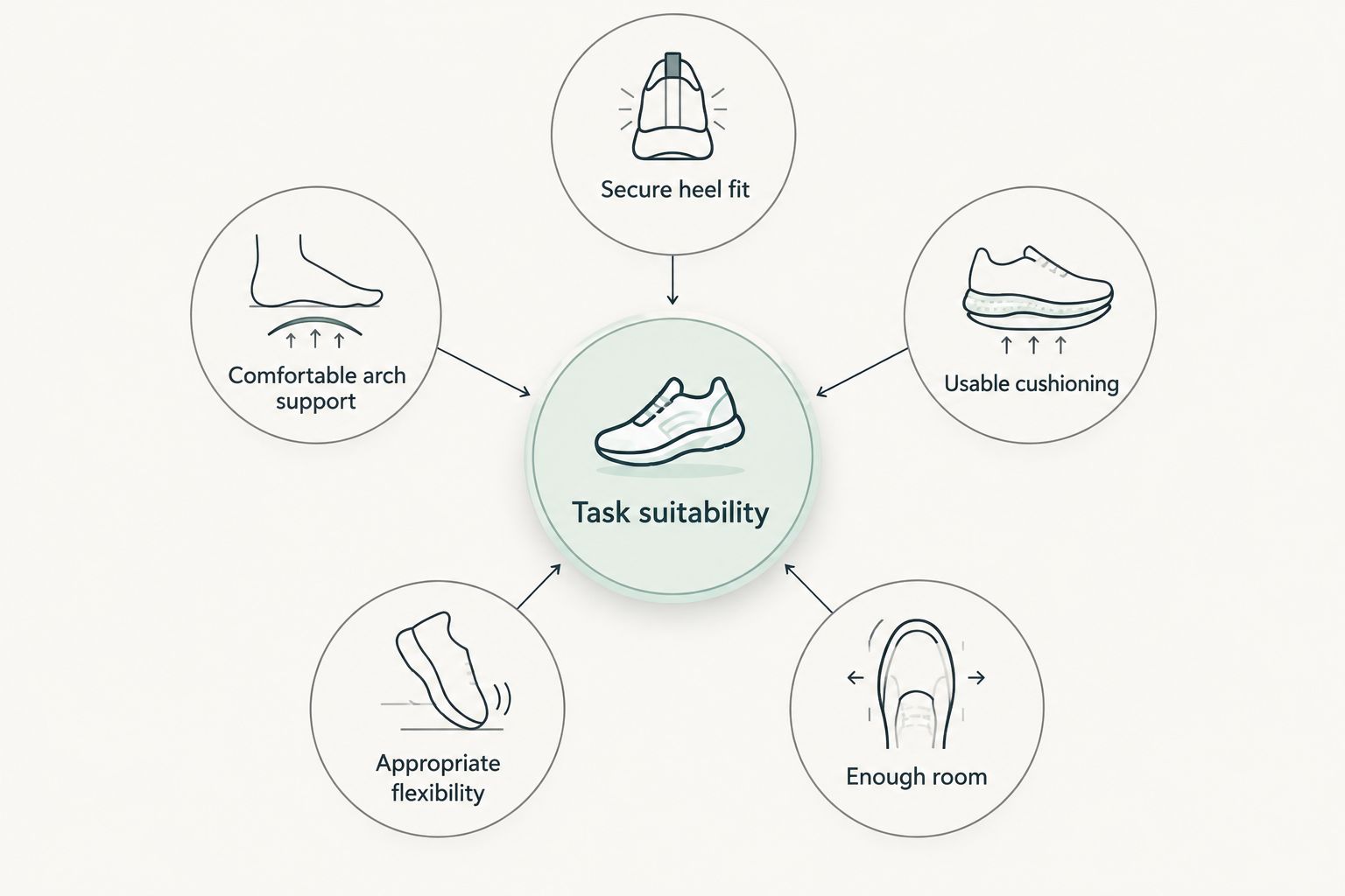 Footwear checklist covering heel fit, arch support, cushioning, flexibility, room, and intended use