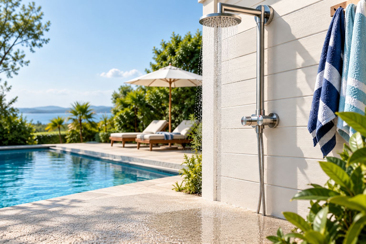 Wall-mounted outdoor shower fixture installed on a pool deck against a cabana wall