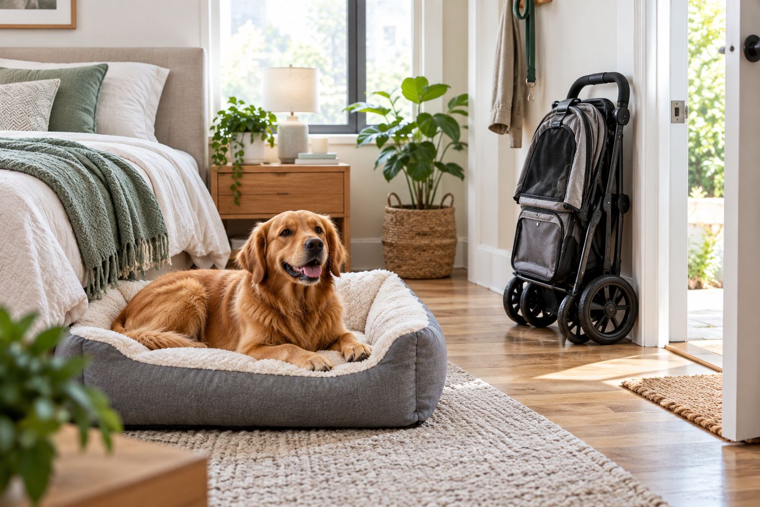 Dog resting beside its owner’s bed while a folded pet stroller stands near the doorway