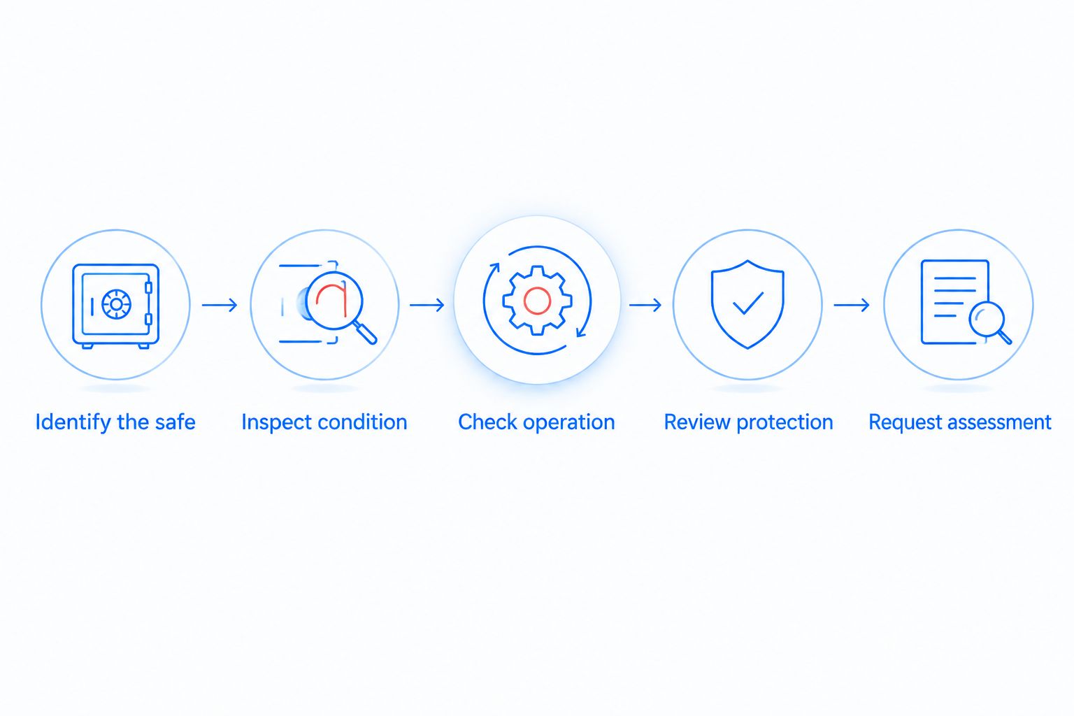 Five checks covering safe identification, condition, operation, protection and professional assessment
