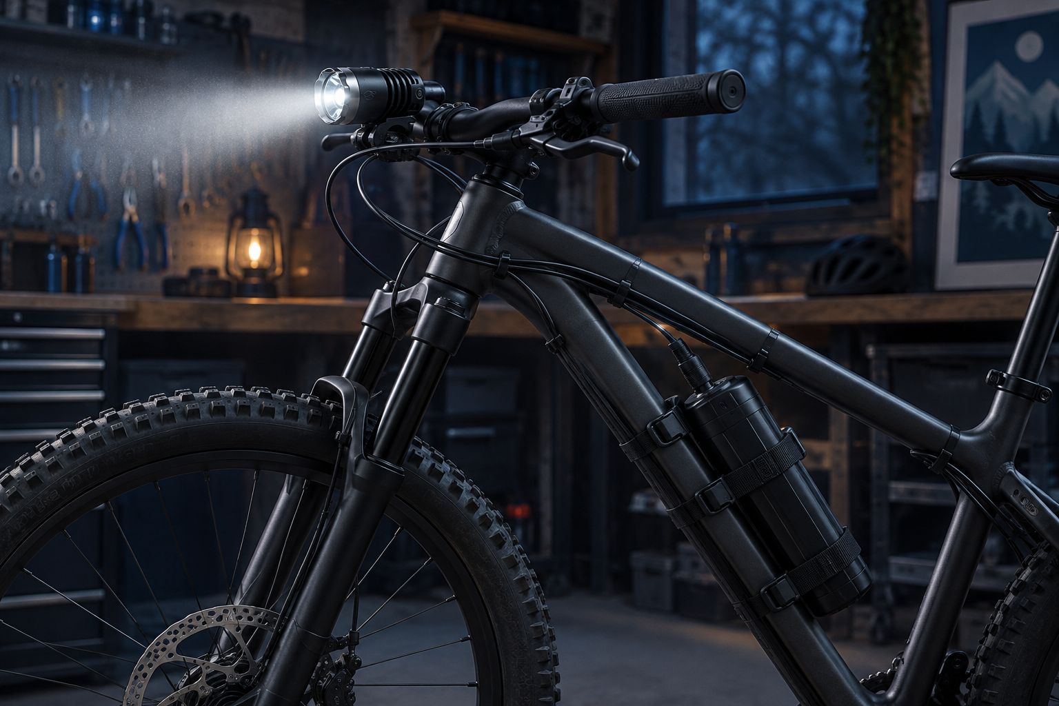 Mountain bike with a handlebar light, frame-mounted battery and neatly secured cable
