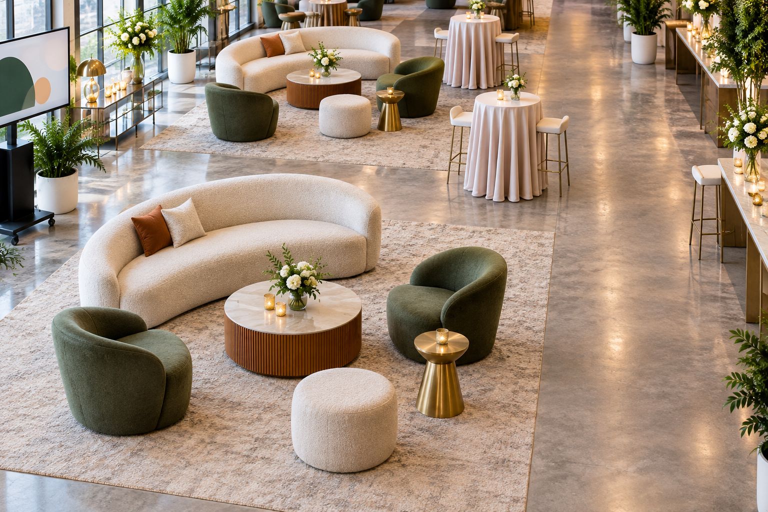 Indoor event lounge with conversation seating grouped beside a clear walkway