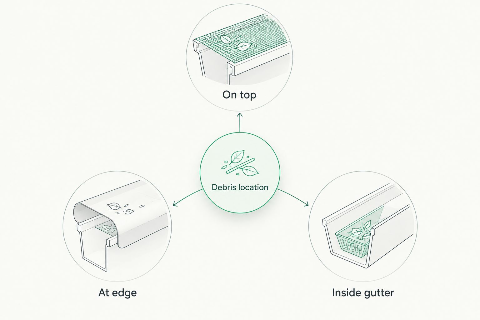 Diagram comparing debris collection on top, at the edge, and inside a gutter