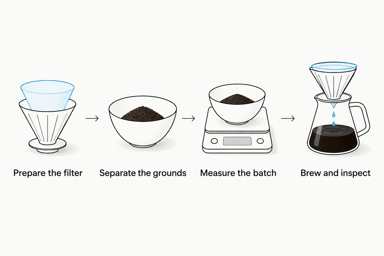 Four steps for transferring pod coffee into a drip brewer and checking the brew