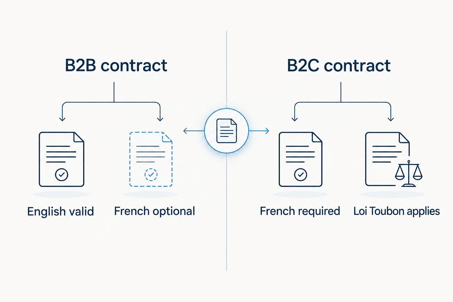 Comparison diagram of English versus French SaaS contract requirements for B2B and B2C customers in France
