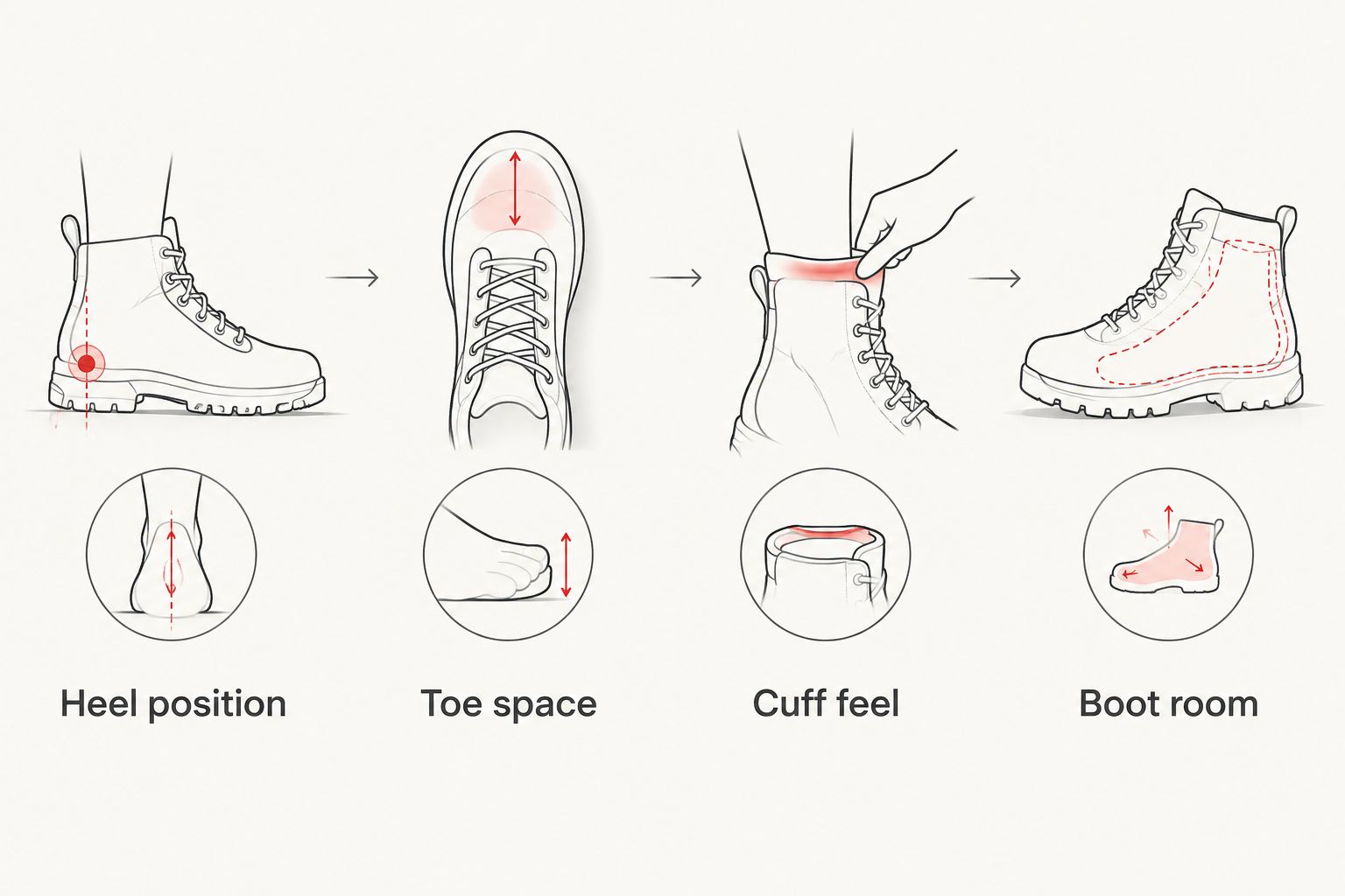 Four fit checks covering the heel, toes, cuff and room inside a boot