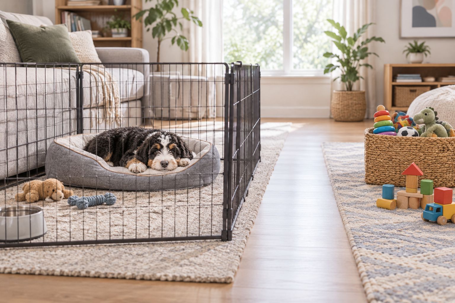 A puppy resting in a separate pen while children's toys remain outside the puppy area.