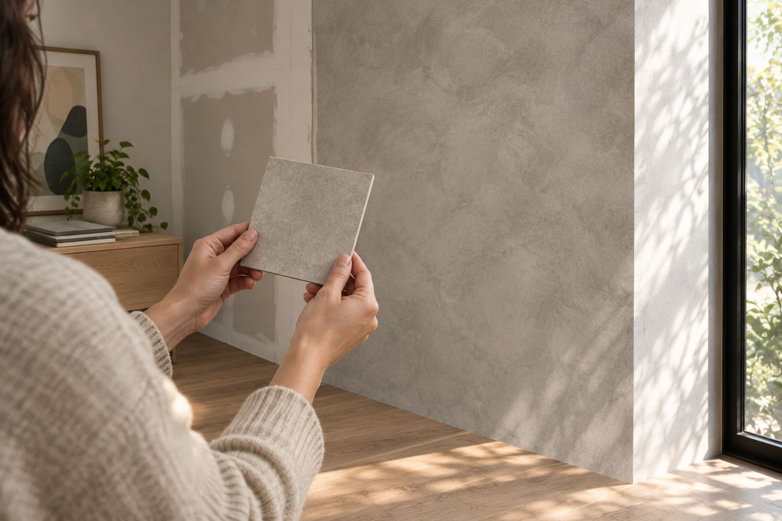 A wall-finish sample held beside an interior wall under natural side lighting