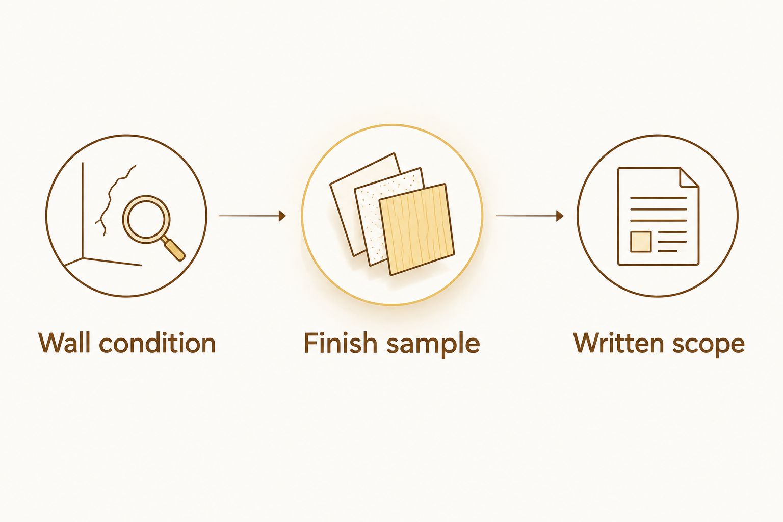 Wall-finish planning sequence from wall condition to finish sample and written scope