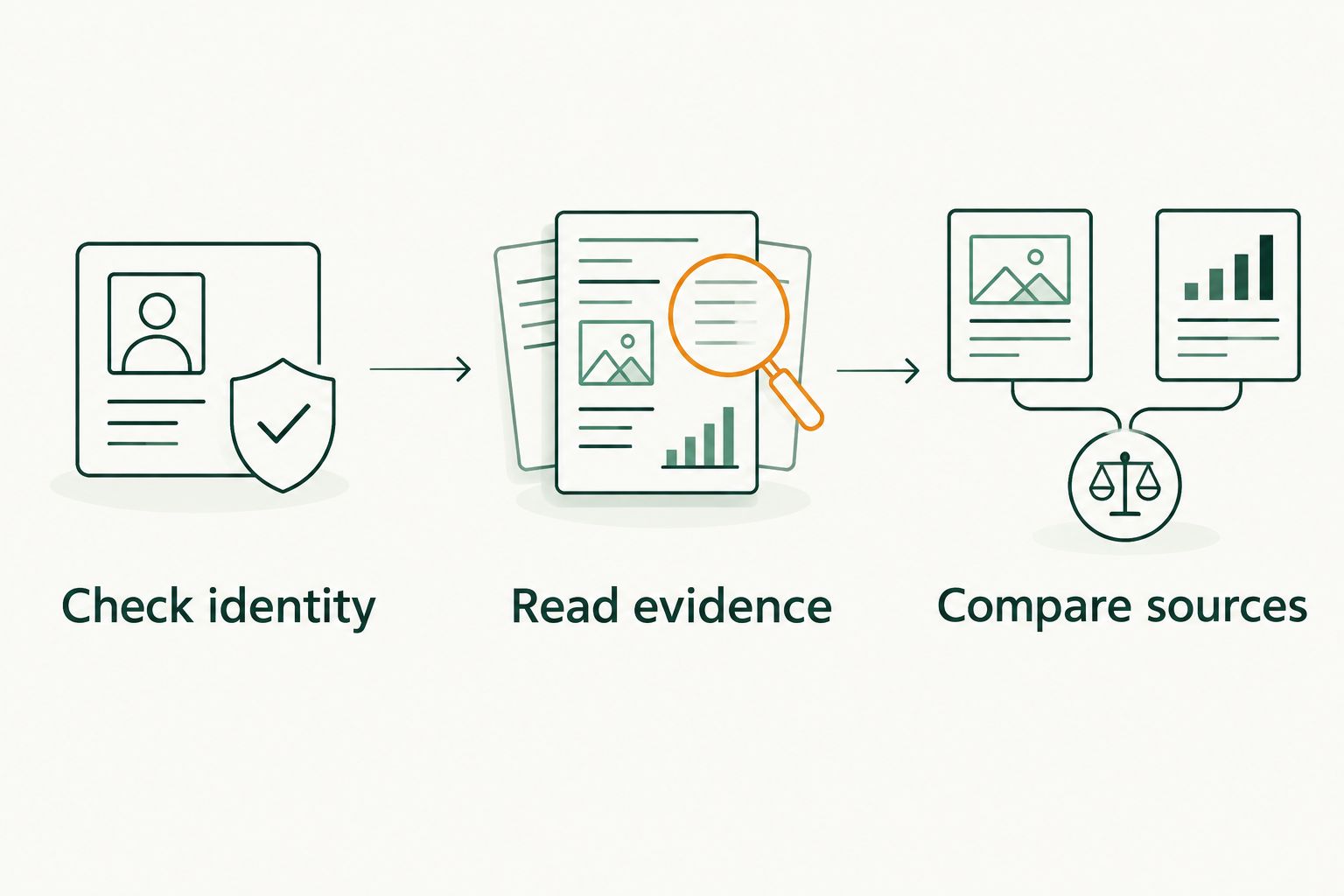 Three review checks: confirm identity, read the evidence, and compare sources.