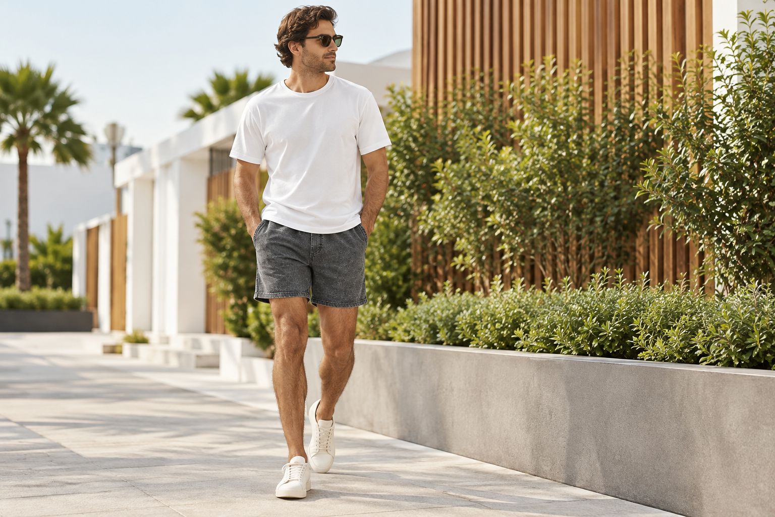 Washed charcoal shorts styled with a plain white tee and simple sneakers