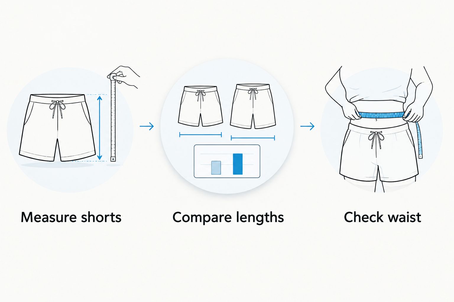 Three sizing checks: measure shorts, compare lengths, and check waist