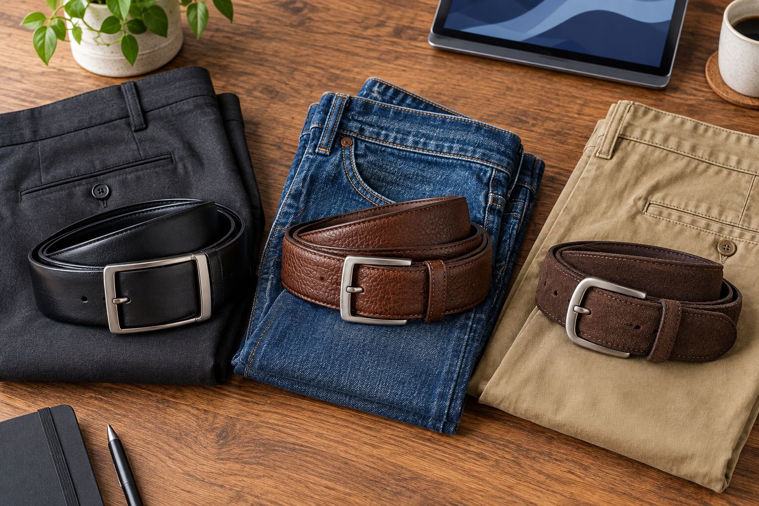 Smooth, textured and suede belts paired with tailored trousers, denim and chinos