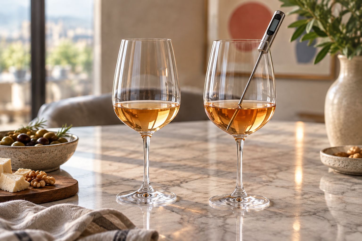 Two small orange wine pours with a thermometer checking the temperature of one glass