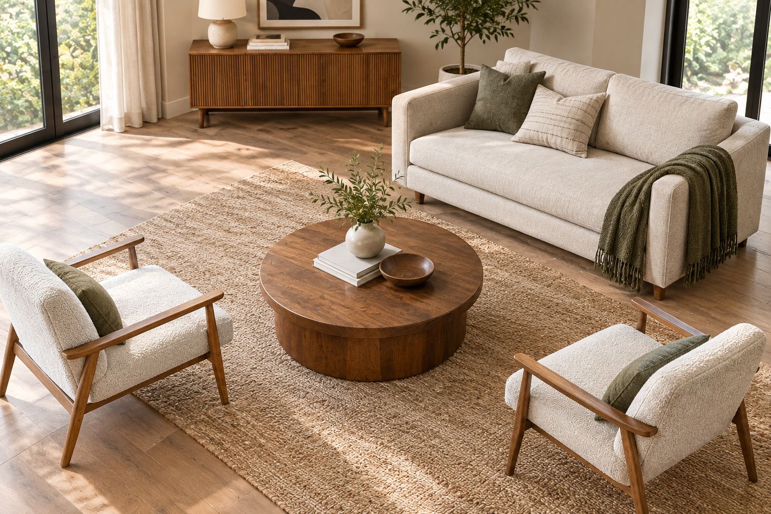 Round wood coffee table centered between a sofa and two angled chairs
