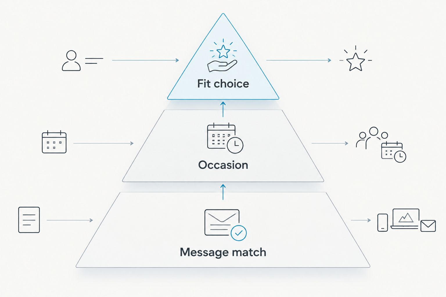 Three buying priorities: message match, occasion, and fit choice