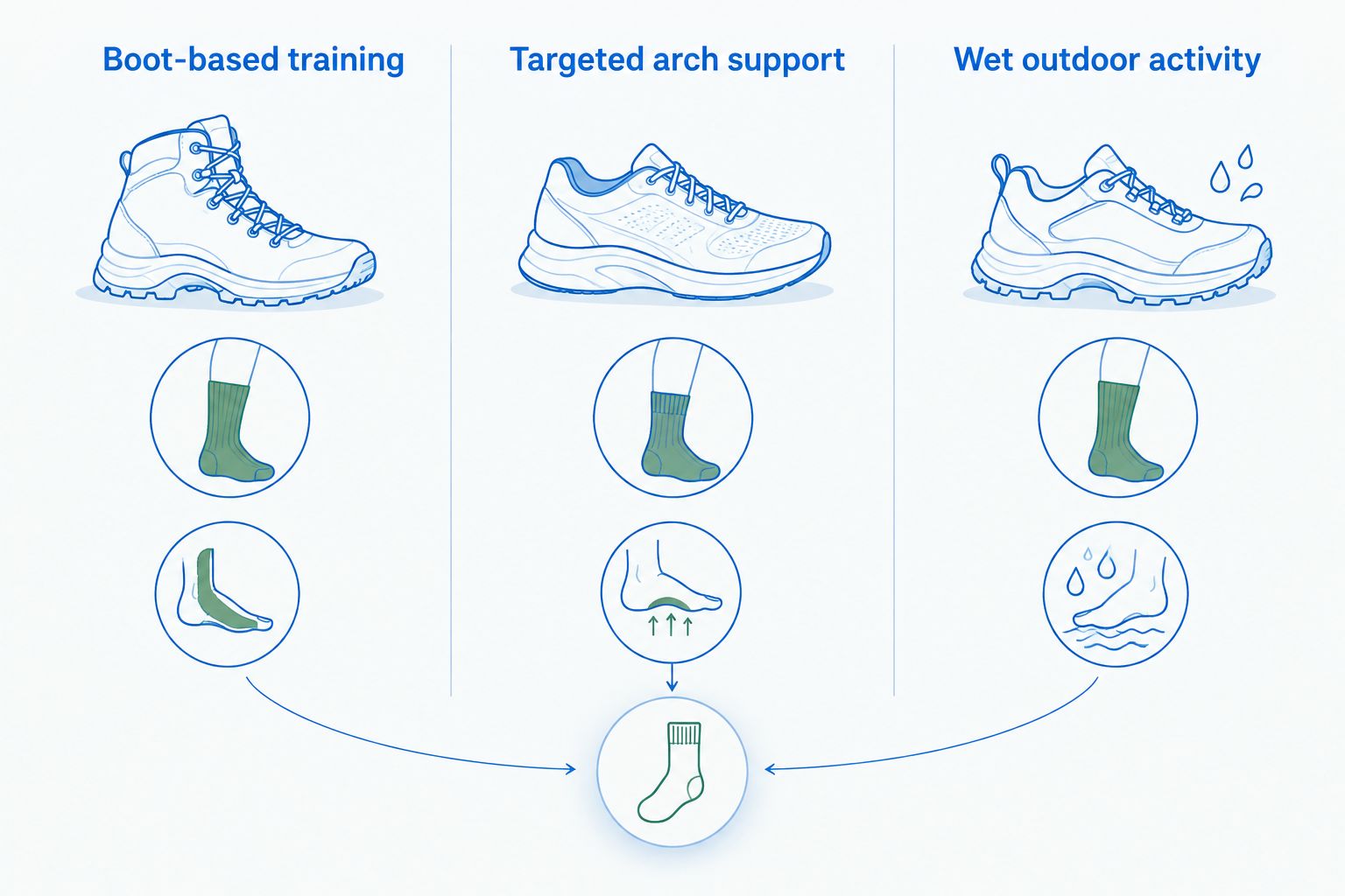 Three sock use cases: boot-based training, targeted arch support, and wet outdoor activity