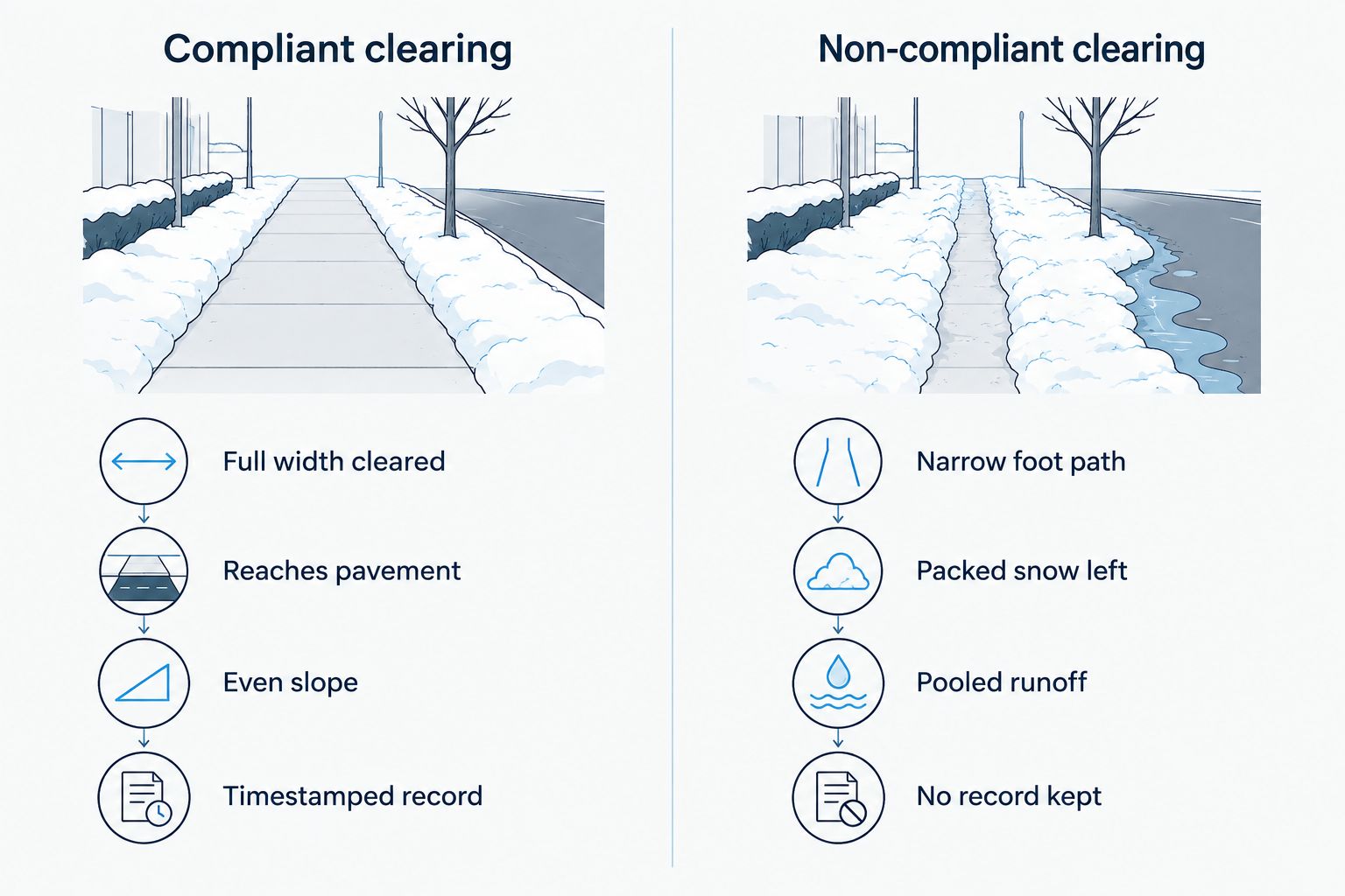 Two-column diagram comparing compliant versus non-compliant sidewalk snow clearing