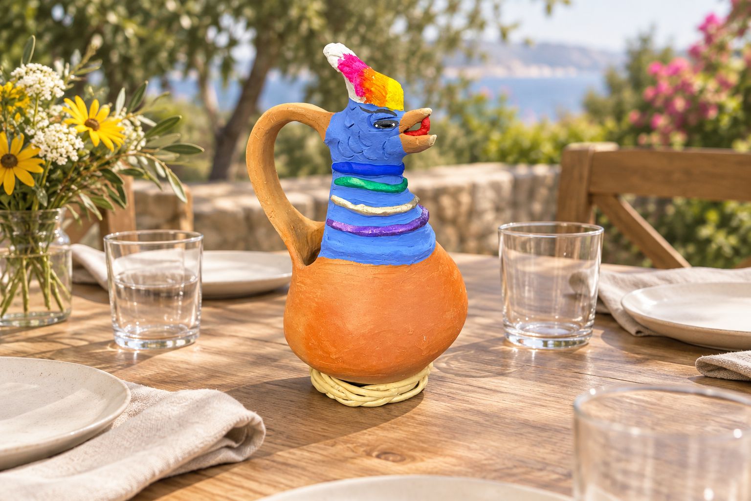 Hen jarrito displayed on a summer dining table with space around the place settings