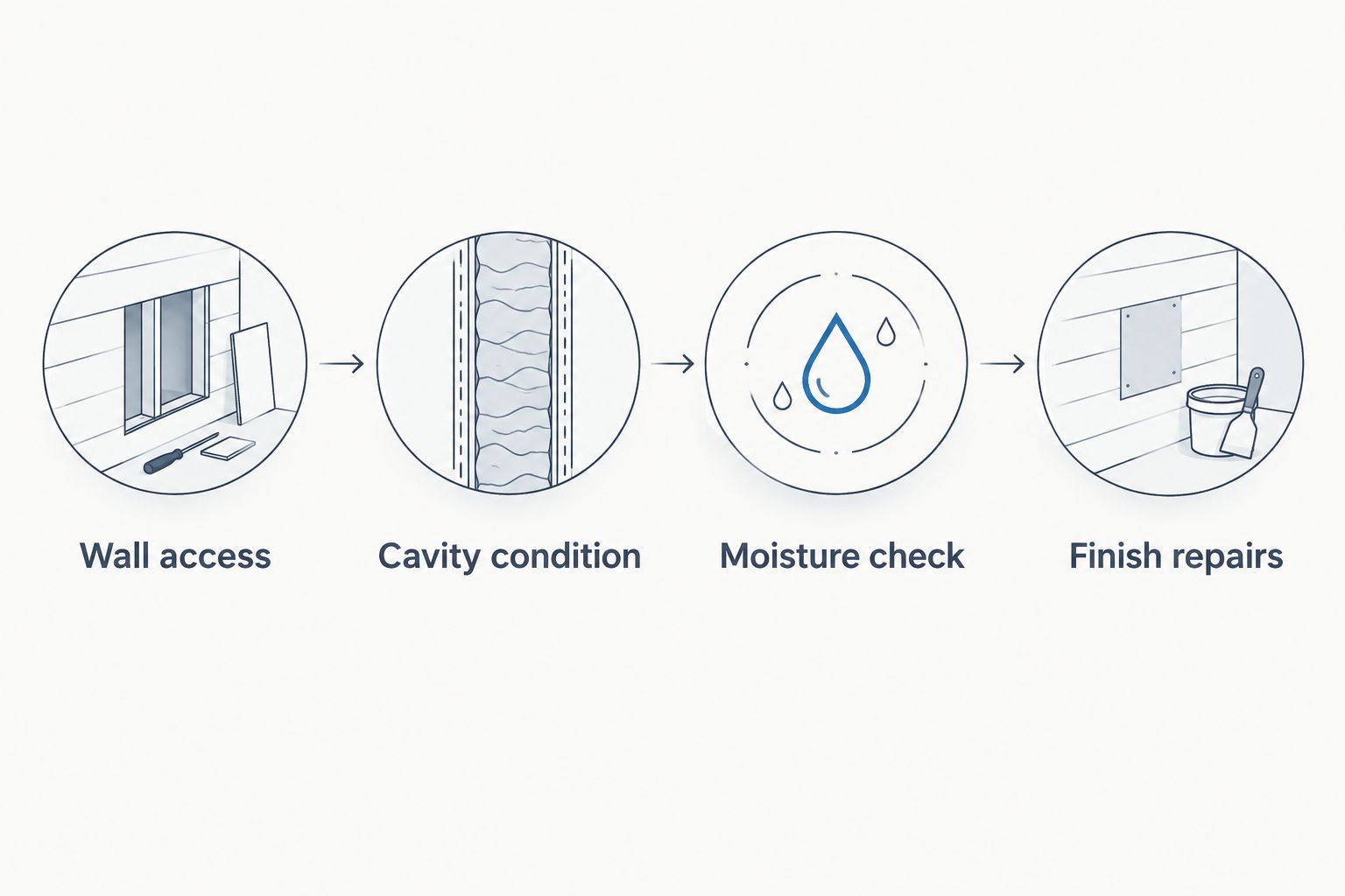 Wall-insulation planning checks for access, cavity condition, moisture, and finish repairs