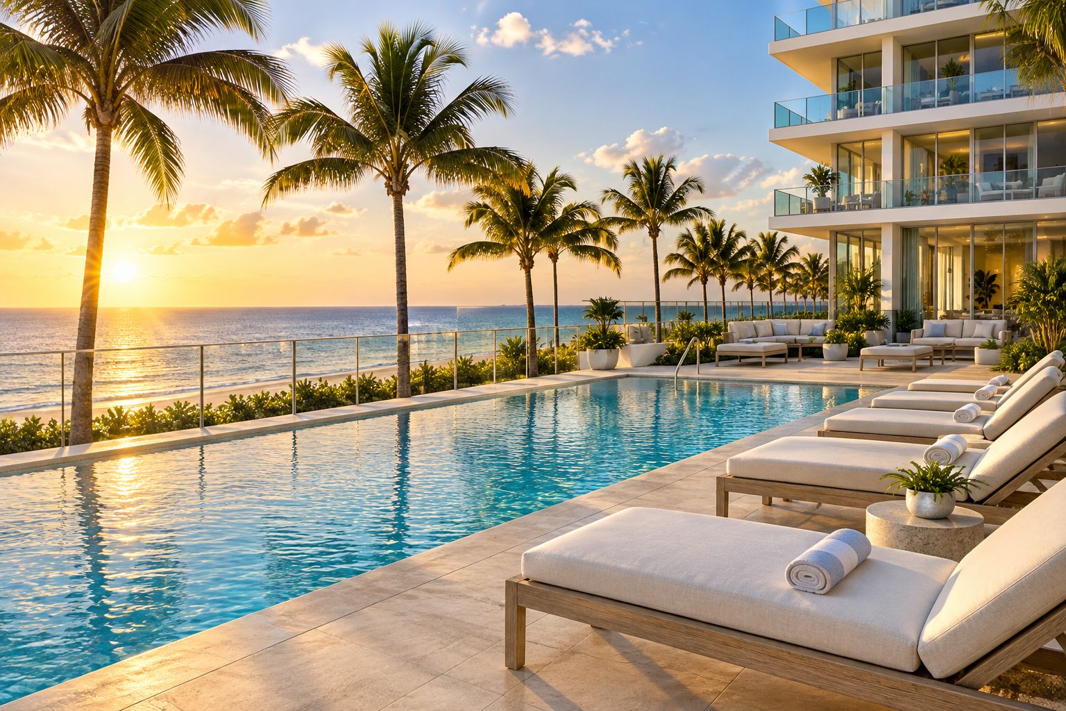 Oceanfront pool deck at a Key Biscayne condo building