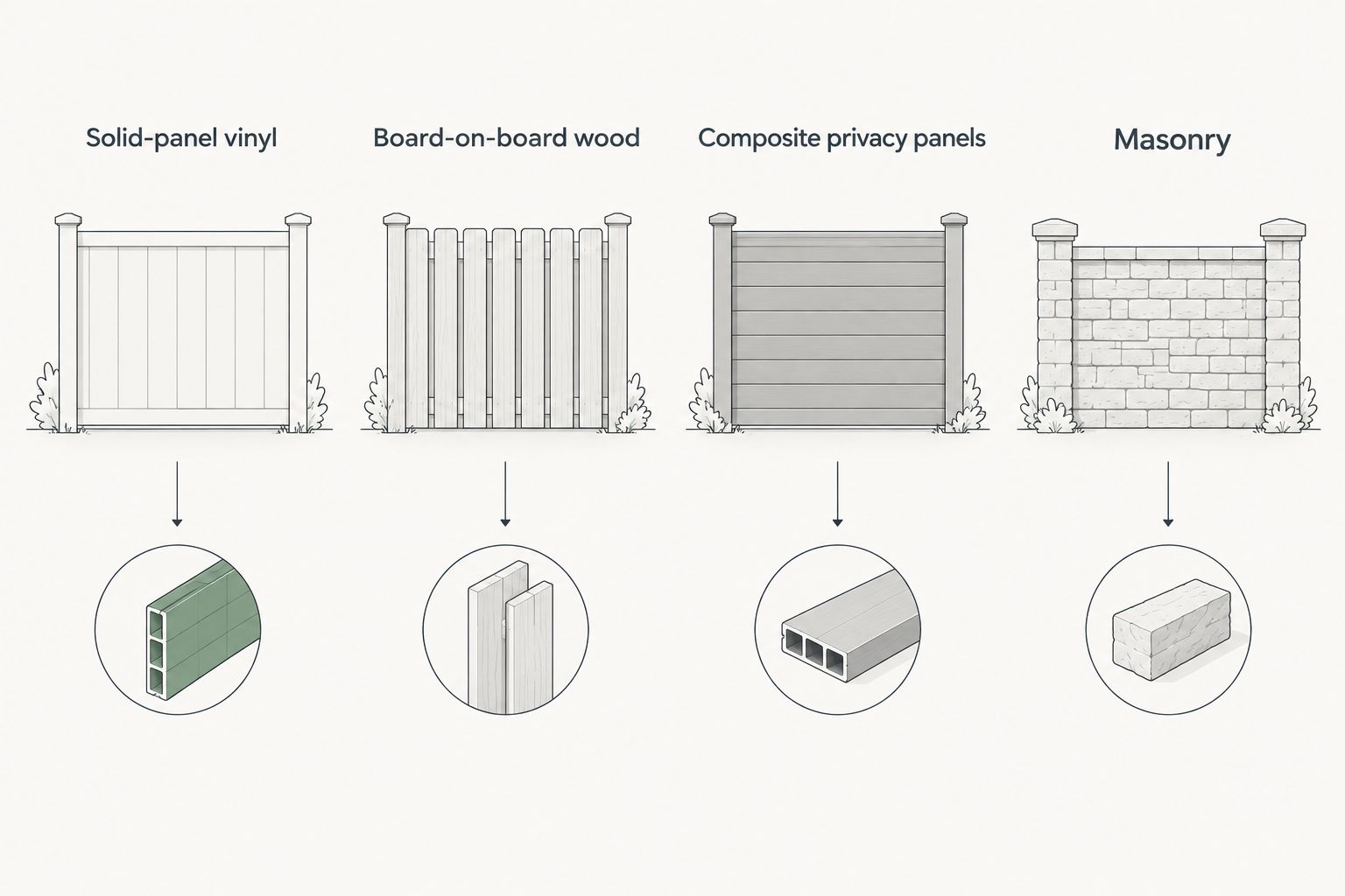 Side-by-side comparison of four opaque privacy fence types