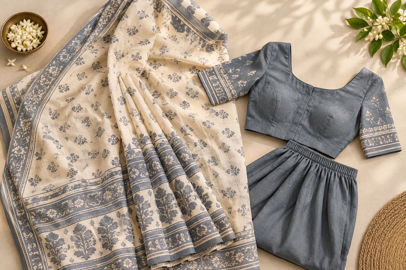 A cotton saree, blouse and underskirt arranged together to compare colours and fabric layers