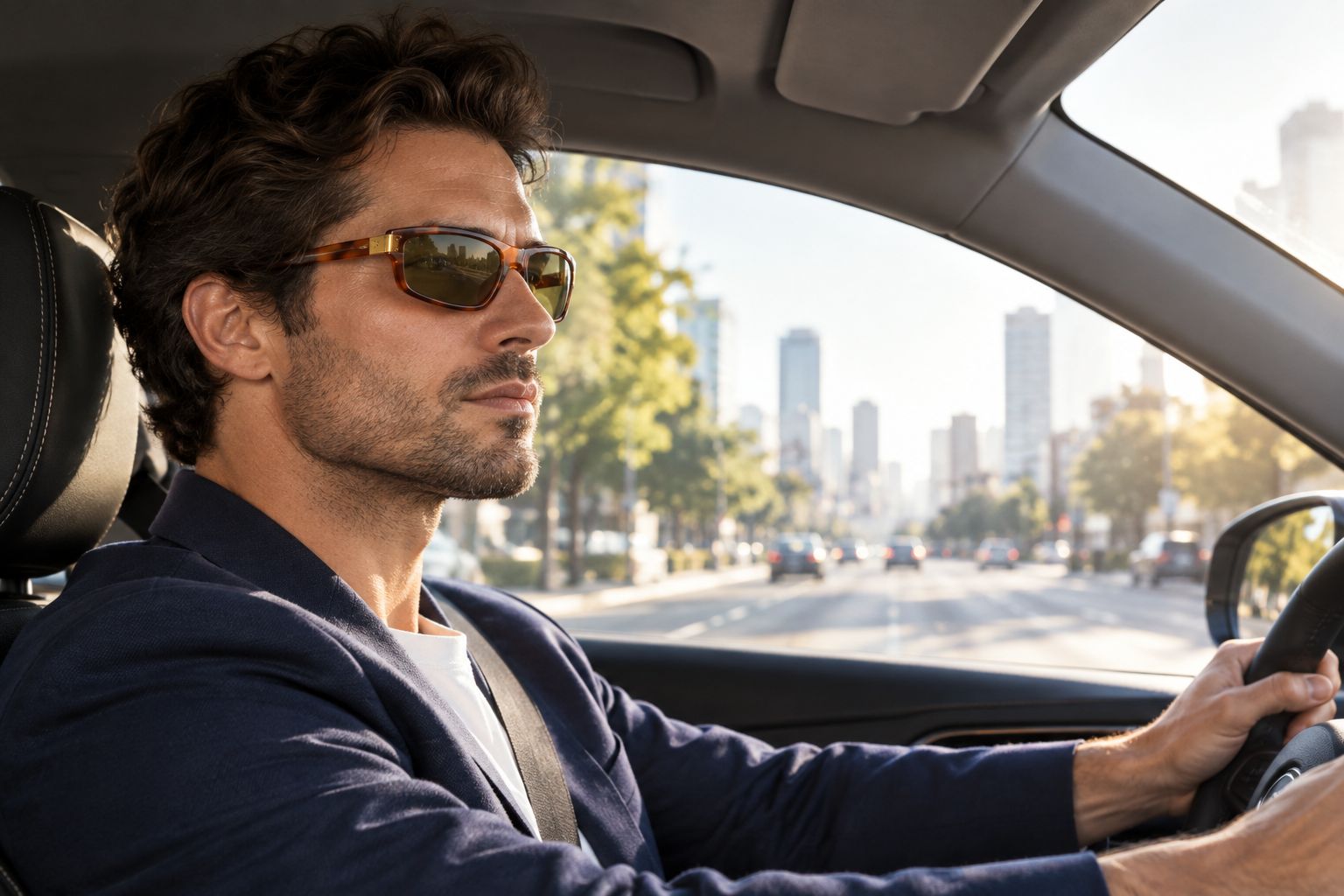 Man wearing square havana sunglasses while driving on a sunny morning