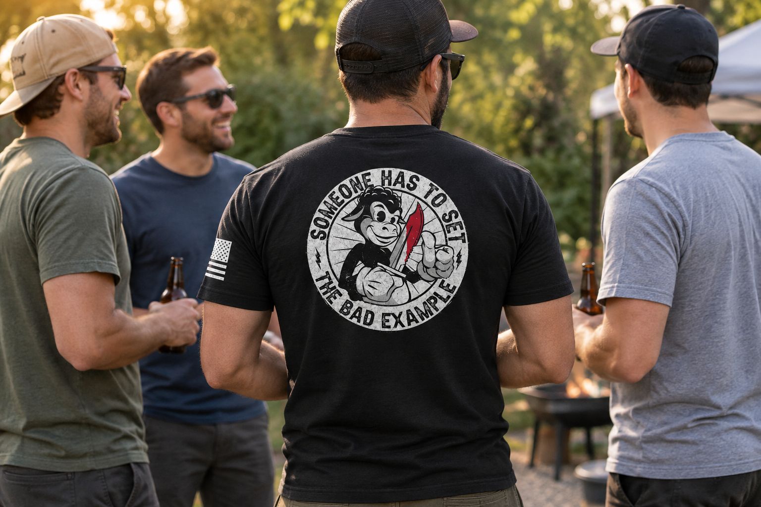 One guest wearing the groom’s distinct T-shirt among friends in plain shirts