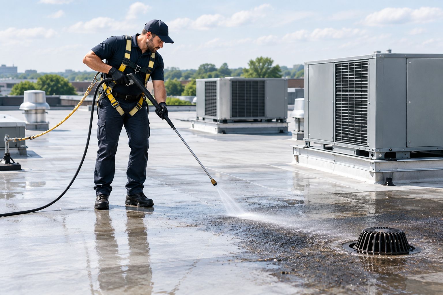 Technician cleaning staining on a flat commercial retail roof near HVAC units