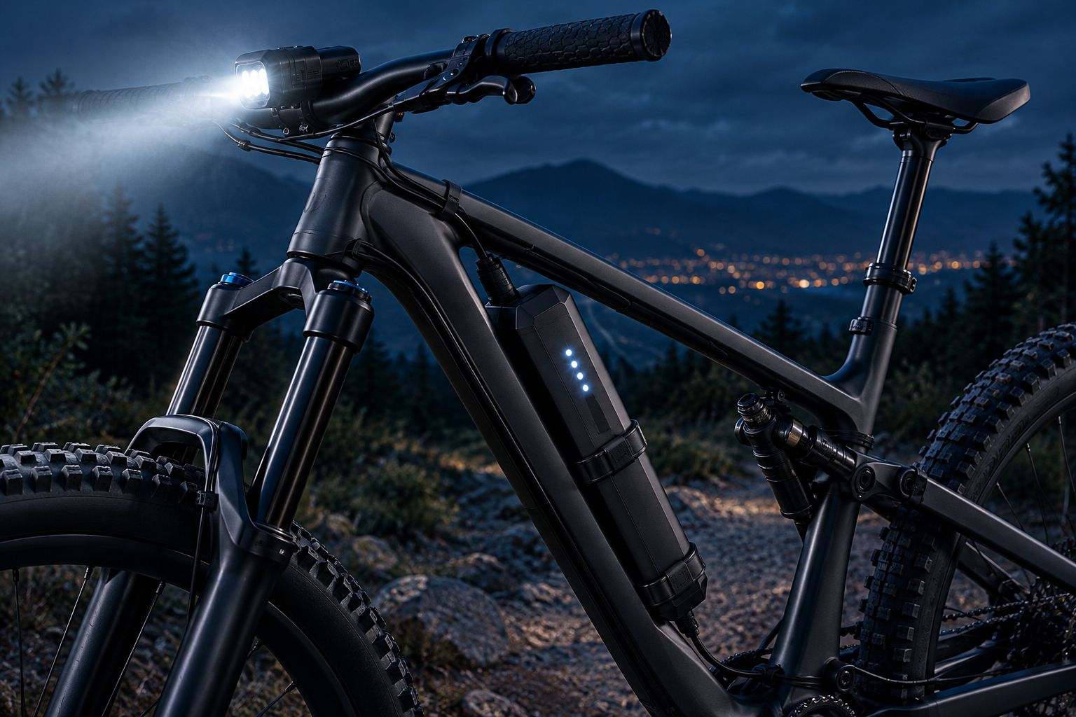 Mountain bike with a handlebar light, frame-mounted battery and tidy cable routing