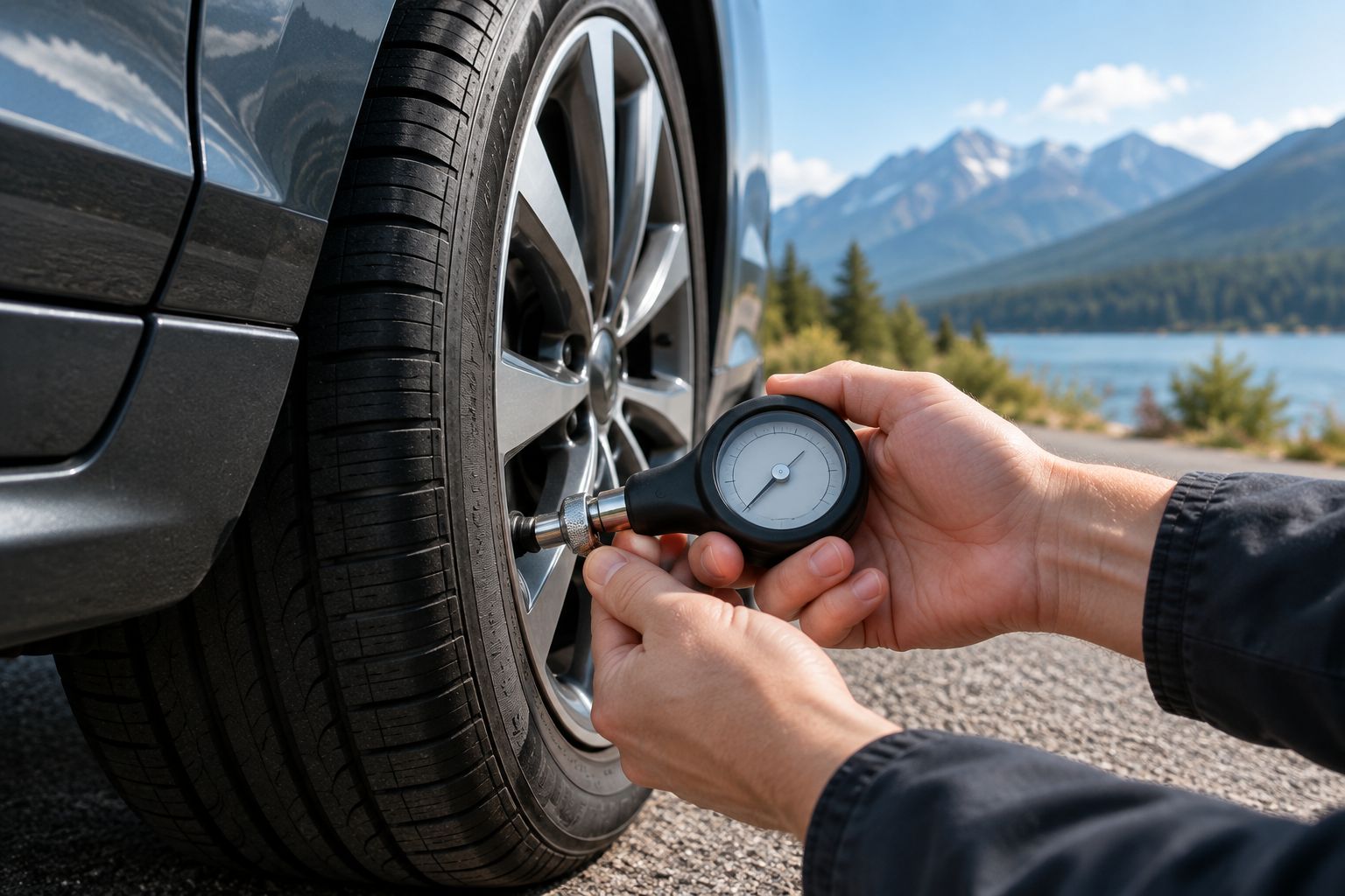 Hands connecting a tire-pressure gauge to a passenger-car tire valve