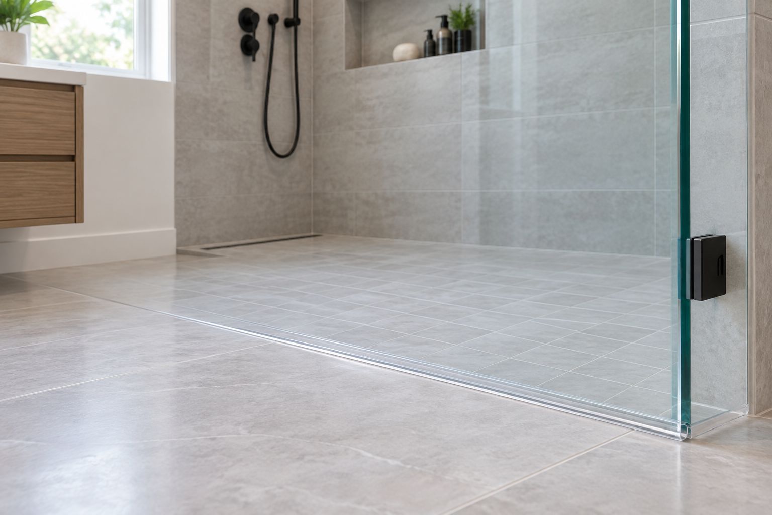Clear bottom sweep on a frameless glass door at a flush tiled shower entrance
